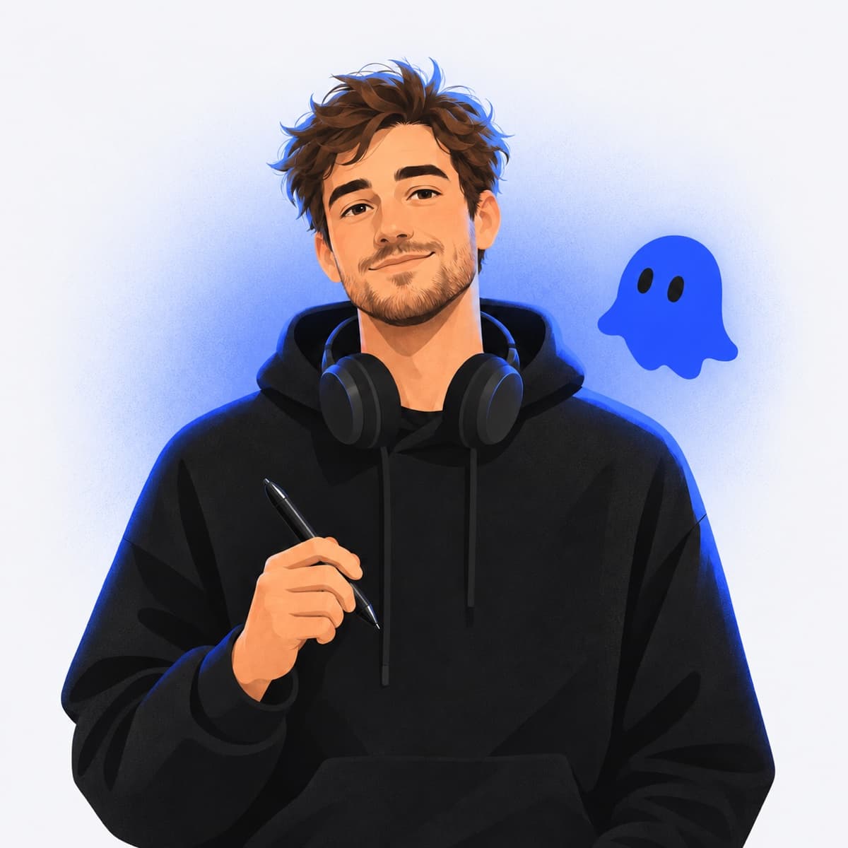 Illustrated portrait of Tim, the producer behind Ghost Crew Studio, with the studio's orange ghost